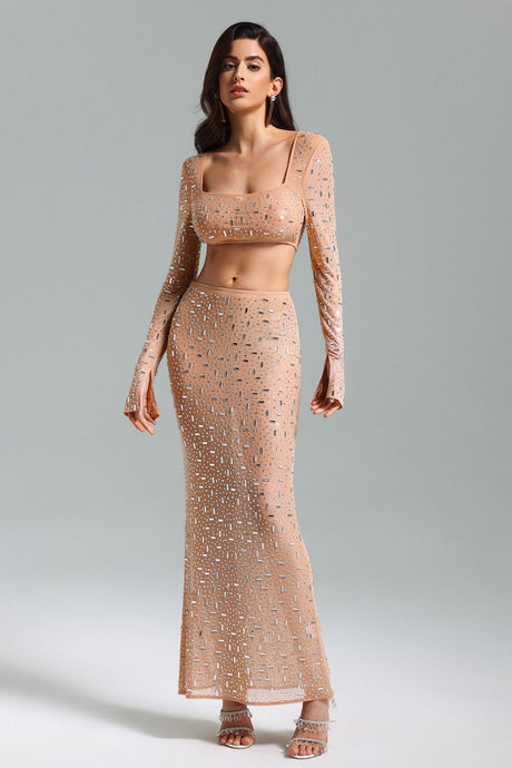 Palma Beige Elegant Square Collar Diamante Detailing Long Sleeve Dress