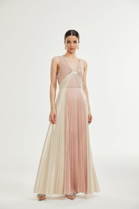 Palma Dress Pink & Gold Pleated Maxi