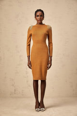 Palma Midi Dress Brown Ribbed Knit Epaulet Fitted Calf Length