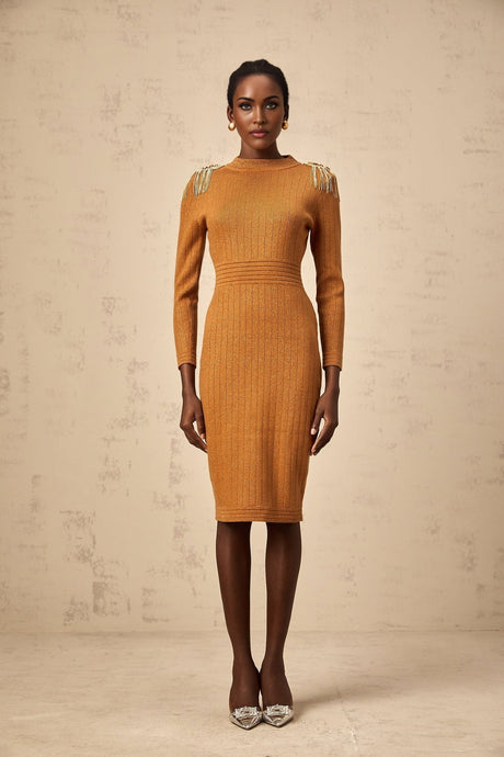 Palma Midi Dress Brown Ribbed Knit Epaulet Fitted Calf Length