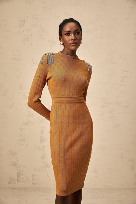 Palma Midi Dress Brown Ribbed Knit Epaulet Fitted Calf Length