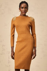 Palma Midi Dress Brown Ribbed Knit Epaulet Fitted Calf Length