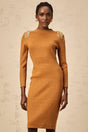 Palma Midi Dress Brown Ribbed Knit Epaulet Fitted Calf Length