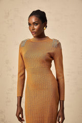 Palma Midi Dress Brown Ribbed Knit Epaulet Fitted Calf Length