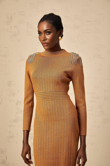 Palma Midi Dress Brown Ribbed Knit Epaulet Fitted Calf Length