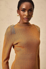 Palma Midi Dress Brown Ribbed Knit Epaulet Fitted Calf Length