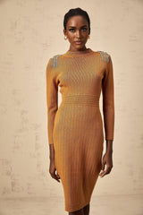 Palma Midi Dress Brown Ribbed Knit Epaulet Fitted Calf Length
