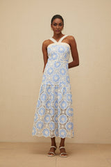 Palma Midi Dress - Sleeveless - Embroidered Design - Adjustable Straps - Scallop Hem - Crochet