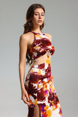 Palma Orange Floral Halter Dress with Side Slit and Mesh Accents for Women