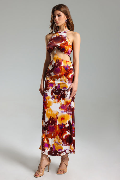 Palma Orange Floral Halter Dress with Side Slit and Mesh Accents for Women