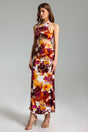 Palma Orange Floral Halter Dress with Side Slit and Mesh Accents for Women