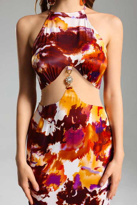 Palma Orange Floral Halter Dress with Side Slit and Mesh Accents