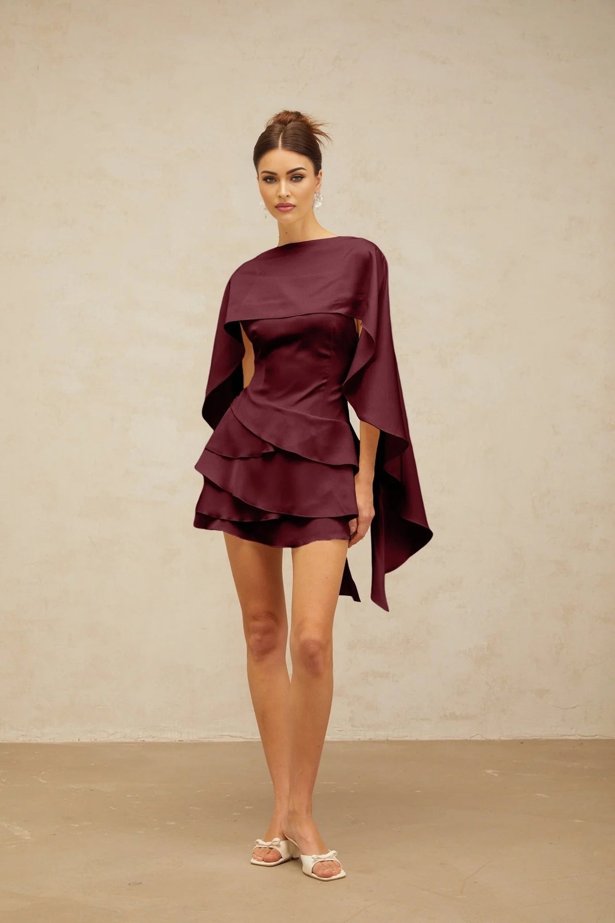 Paloma Mini Dress Red Satin Shawl Ruffle Thigh - Length Tie - Back