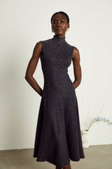 Paola Midi Dress Black Ribbed Knit Rhinestone Embellished Calf Length