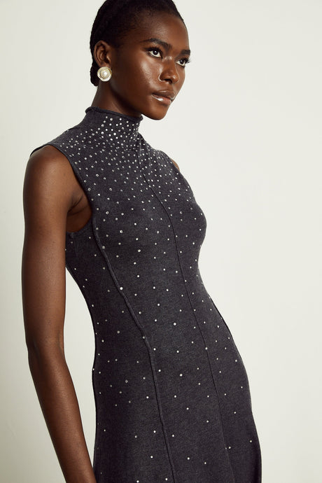 Paola Midi Dress Black Ribbed Knit Rhinestone Embellished Calf Length