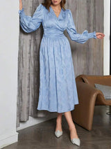 Paola Midi Dress - V Neck - Bishop Sleeve - High Waist - Elegant