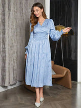 Paola Midi Dress - V Neck - Bishop Sleeve - High Waist - Elegant