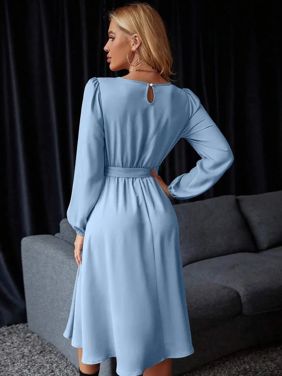 Paola Midi Dress - V Neck - Bishop Sleeve - High Waist - Elegant