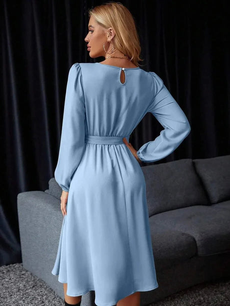 Paola Midi Dress - V Neck - Bishop Sleeve - High Waist - Elegant