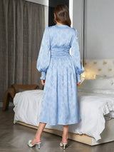 Paola Midi Dress - V Neck - Bishop Sleeve - High Waist - Elegant
