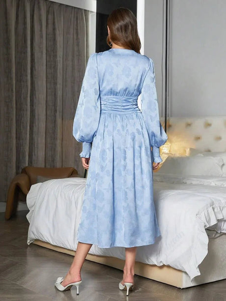 Paola Midi Dress - V Neck - Bishop Sleeve - High Waist - Elegant