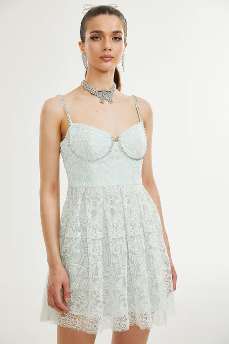 Paola Mini Dress Green Lace Crystal Pleat Embellished