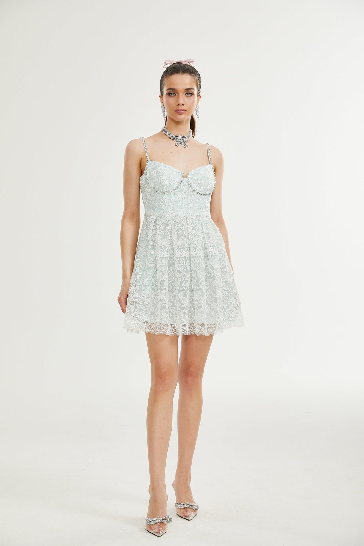 Paola Mini Dress Green Lace Crystal Pleat Embellished