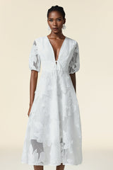 Paola White Lace Floral Dress with Puff Sleeves Deep V Neckline