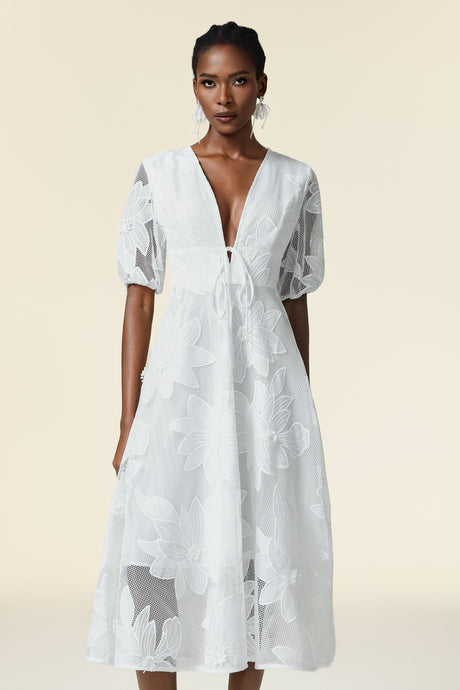 Paola White Lace Floral Dress with Puff Sleeves Deep V Neckline