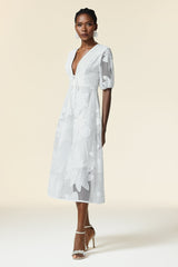 Paola White Lace Floral Dress with Puff Sleeves Deep-V Neckline Summer Garden Party Formal Evening Outfit