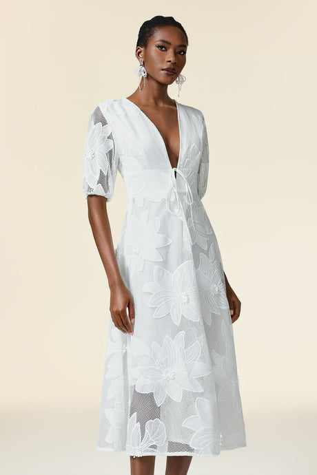 Paola White Lace Floral Motif Puff Sleeve Maxi Dress