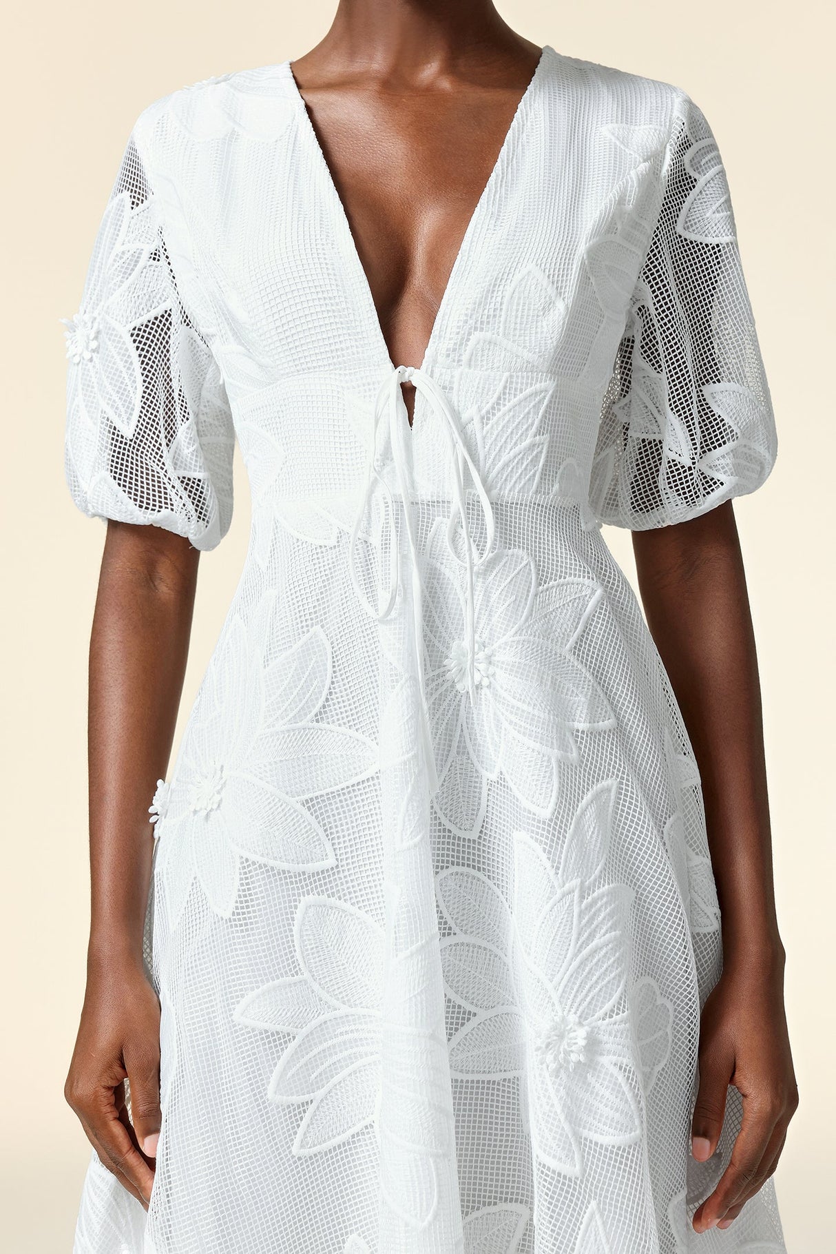 Paola White Lace Floral Puff Sleeve Maxi Dress