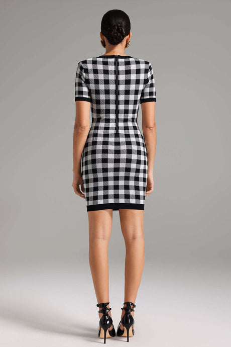 Paolina Black Plaid Mini Dress with Button Detail and Pockets
