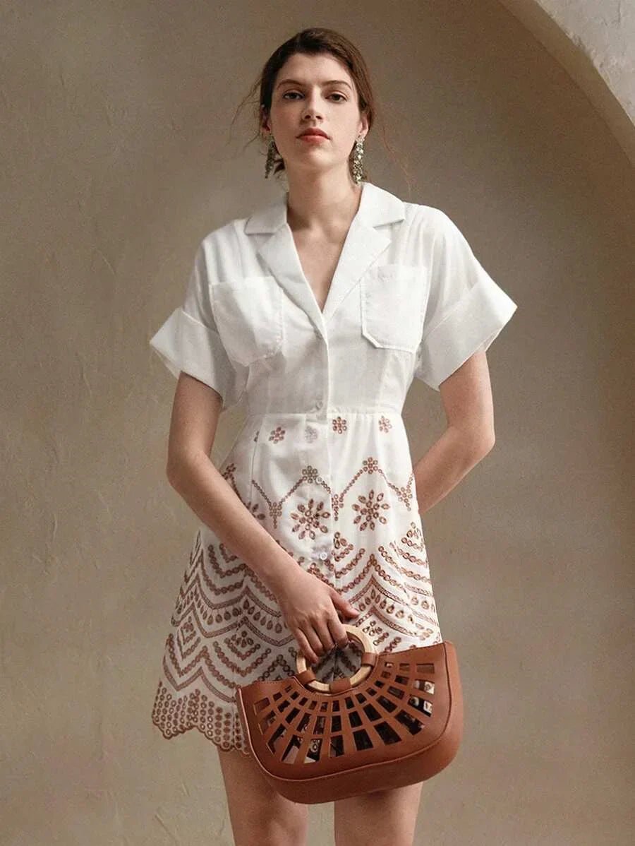 Paolina Midi Dress - Collared Neckline - Batwing Sleeves - High Waist - Geometric Pattern - Casual Style