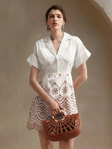 Paolina Midi Dress - Collared Neckline - Batwing Sleeves - High Waist - Geometric Pattern - Casual Style