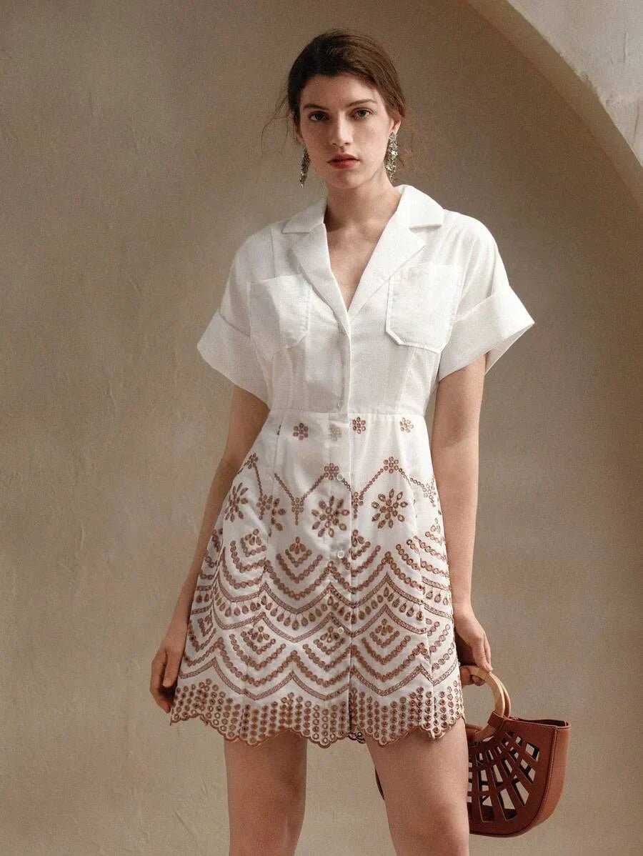Paolina Midi Dress - Collared Neckline - Batwing Sleeves - High Waist - Geometric Pattern - Casual Style