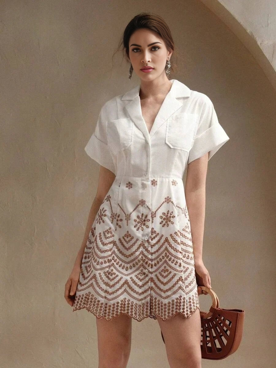 Paolina Midi Dress - Collared Neckline - Batwing Sleeves - High Waist - Geometric Pattern - Casual Style