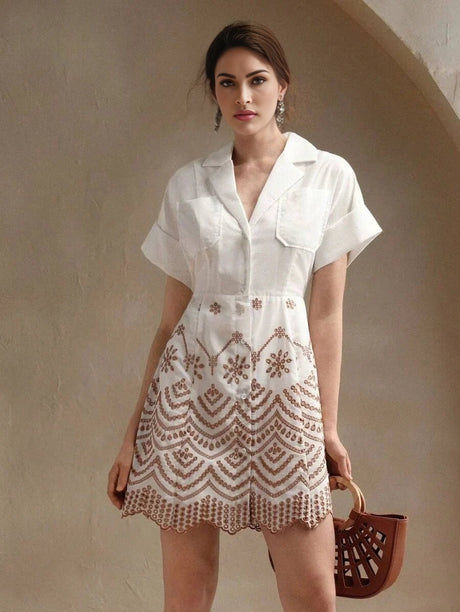 Paolina Midi Dress - Collared Neckline - Batwing Sleeves - High Waist - Geometric Pattern - Casual Style