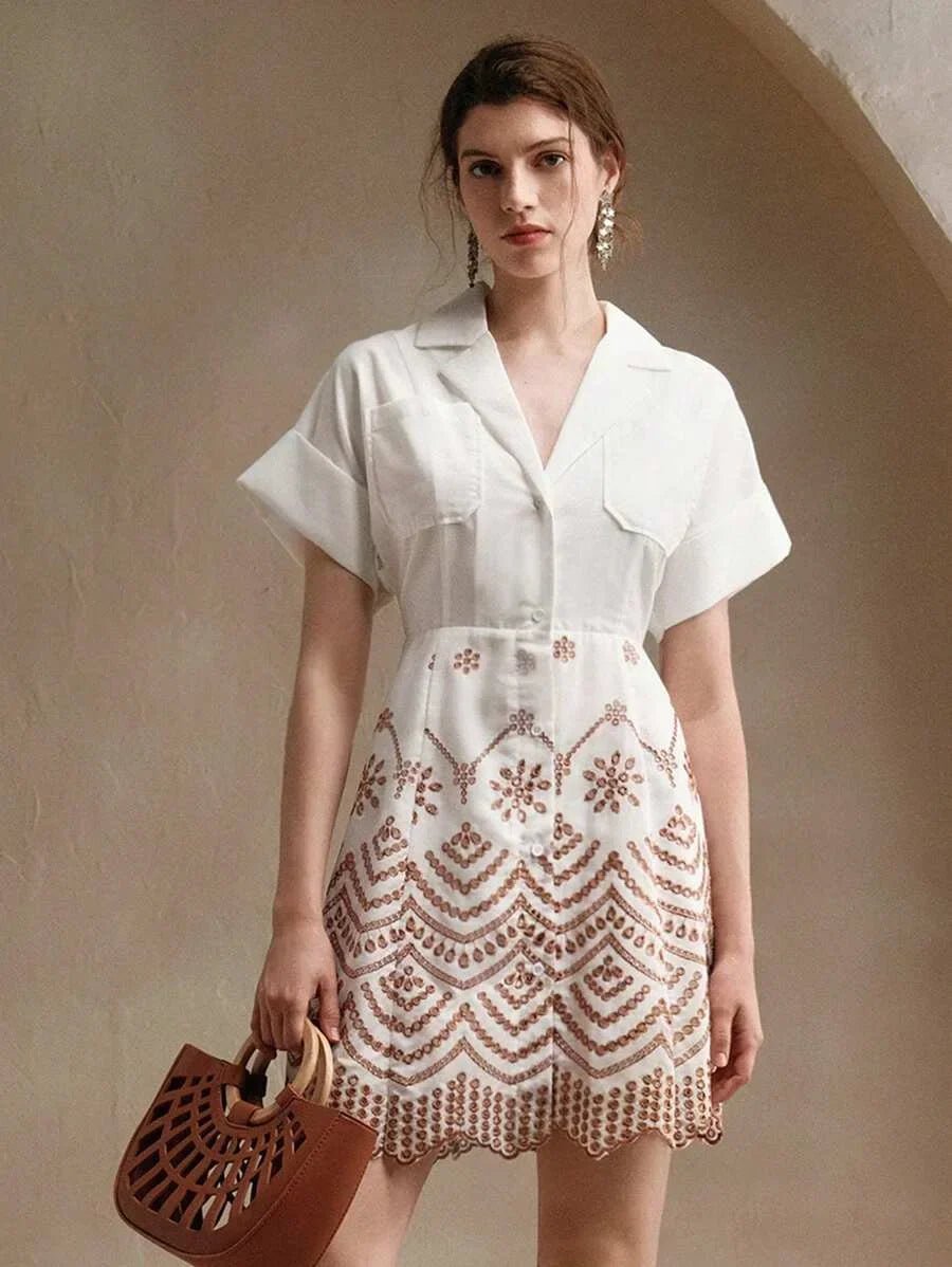 Paolina Midi Dress - Collared Neckline - Batwing Sleeves - High Waist - Geometric Pattern - Casual Style