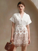 Paolina Midi Dress - Collared Neckline - Batwing Sleeves - High Waist - Geometric Pattern - Casual Style