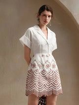 Paolina Midi Dress - Collared Neckline - Batwing Sleeves - High Waist - Geometric Pattern - Casual Style