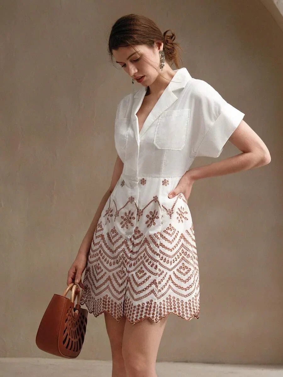 Paolina Midi Dress - Collared Neckline - Batwing Sleeves - High Waist - Geometric Pattern - Casual Style