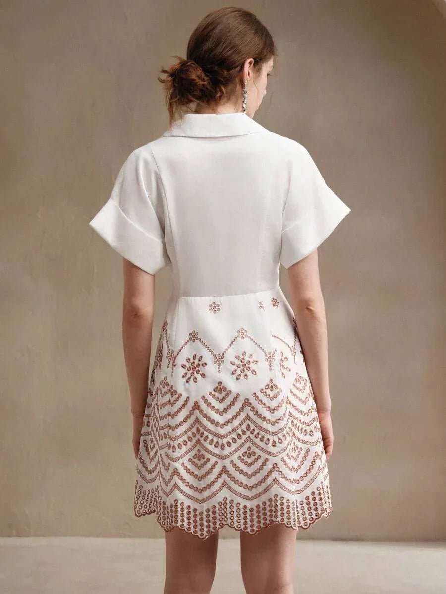 Paolina Midi Dress - Collared Neckline - Batwing Sleeves - High Waist - Geometric Pattern - Casual Style