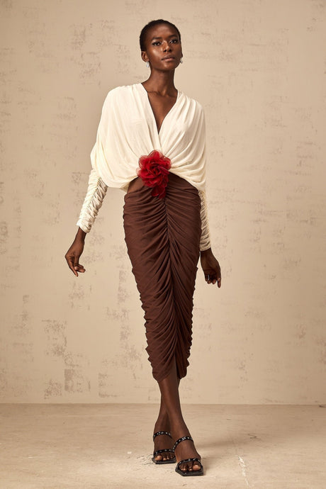 Paolina Midi Dress Color Block Flower Brooch Ruched & Plunging VNeck