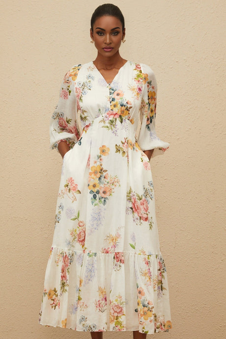 Paolina Midi Dress - V - Neck - Long Puff Sleeves - Fitted Waistline - Floral Print - Shirred Effect