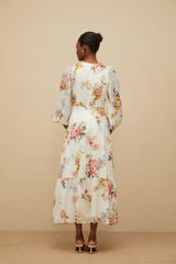 Paolina Midi Dress - V - Neck - Long Puff Sleeves - Fitted Waistline - Floral Print - Shirred Effect