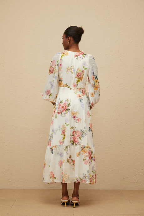 Paolina Midi Dress - V - Neck - Long Puff Sleeves - Fitted Waistline - Floral Print - Shirred Effect