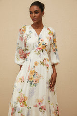 Paolina Midi Dress - V - Neck - Long Puff Sleeves - Fitted Waistline - Floral Print - Shirred Effect