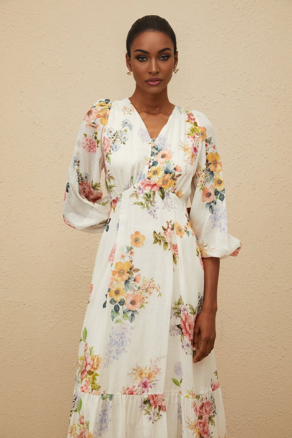 Paolina Midi Dress - V - Neck - Long Puff Sleeves - Fitted Waistline - Floral Print - Shirred Effect