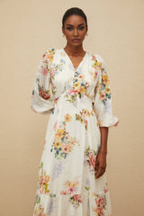 Paolina Midi Dress - V - Neck - Long Puff Sleeves - Fitted Waistline - Floral Print - Shirred Effect